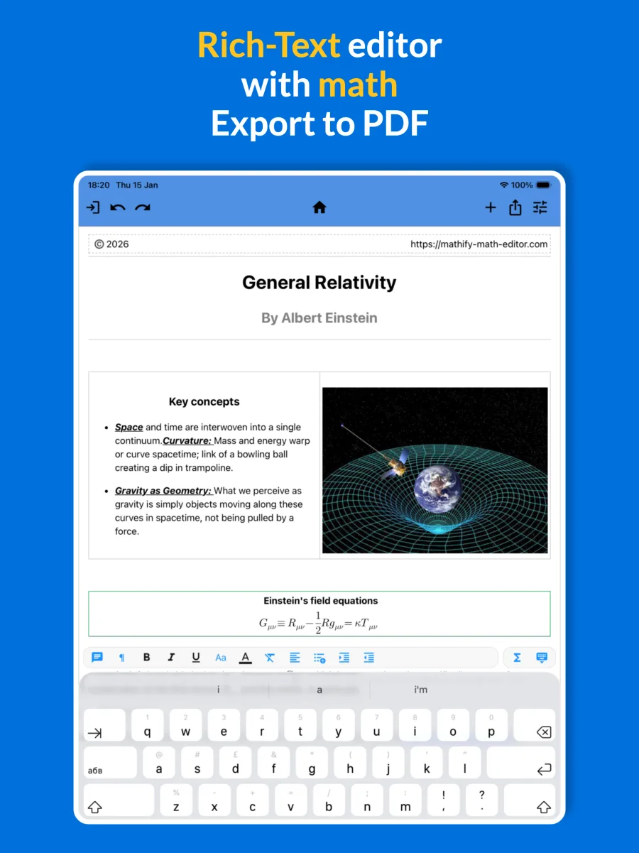 Mathify math editor on a tablet: a rich-text math document with equations, ready to export to PDF